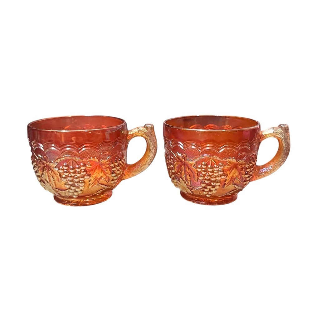 Vintage Imperial Carnival Glass Tea Cups Set Marigold Grape & Vine Pattern